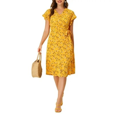 Vestido con cinturón de manga de aleteo impreso